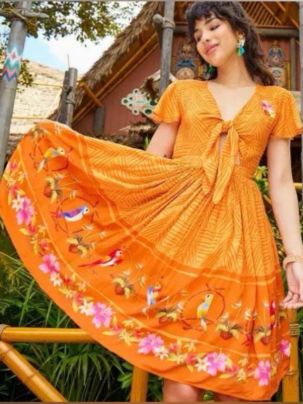 NWT Disney The Dress Shop Enchanted Tiki Room Orange Floral Bird Retro Dress S